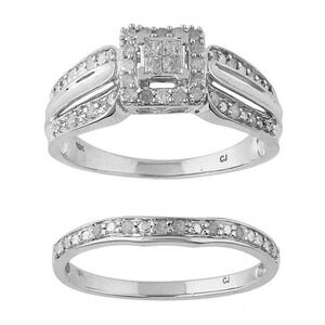 Wedding Ring & Band Set 10K White Gold  1/3 CTTW Diamond,  Size 7